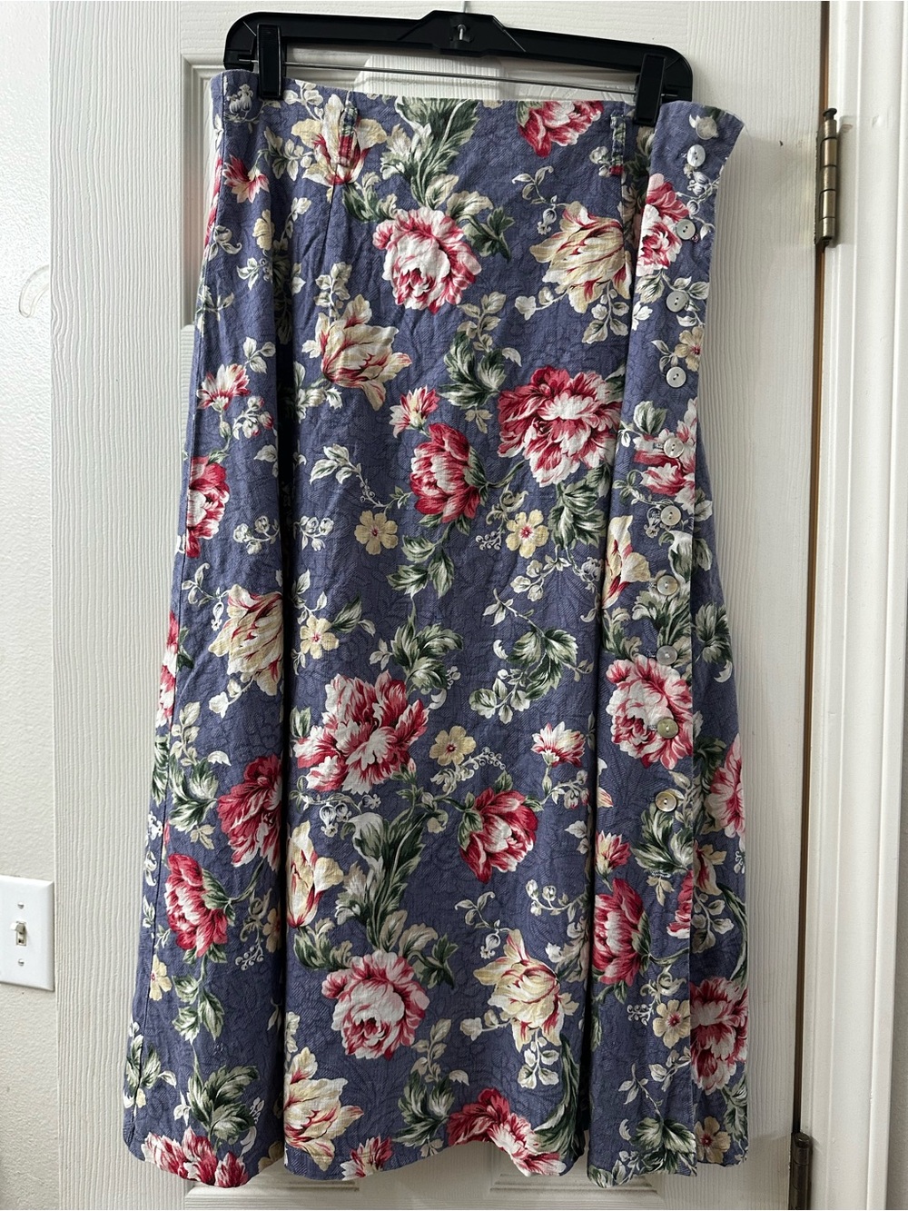 Floral Midi Linen/Cotteon Wrap Skirt in Blue Pinks Tans.